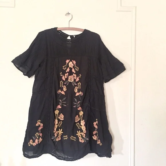 Free People Peasant Dress Black Lace + Orange + Ochre Embroidered Flowers  MEDIUM